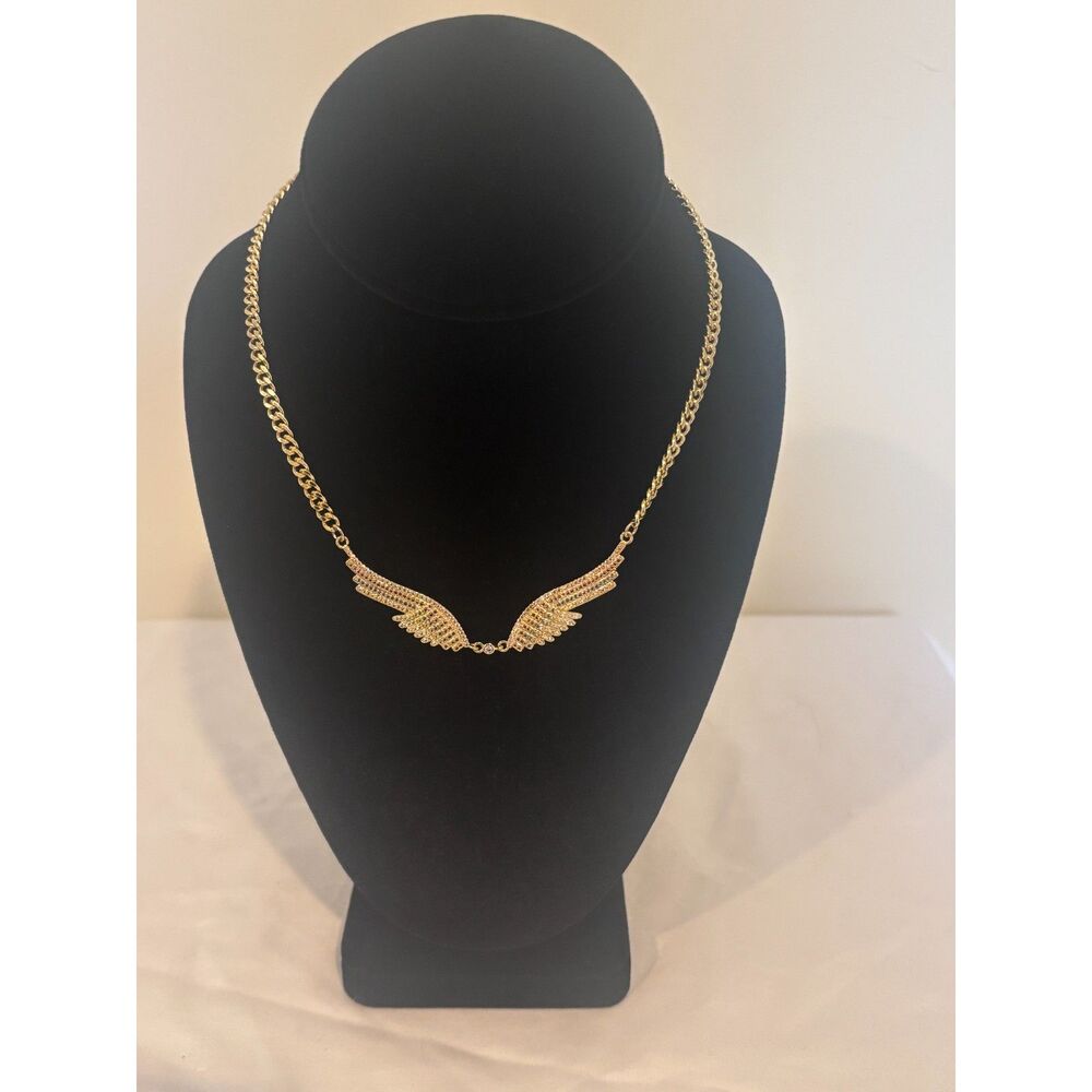 Gold Tone Angel Wing with multi color crystals necklace